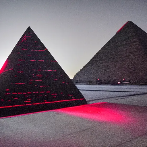 Prompt: wide angle photograph of a dark black pyramid with small red lights hovering over the pentagon at night