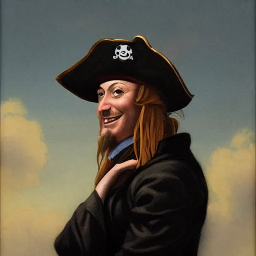 Prompt: a happy smiling loving pirate captain gazing into the horizon in the style of mary jane ansell.