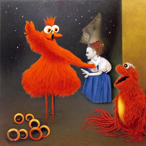 Image similar to by Remedios Varos, a portrait of Elmo from Sesame Street and his goldfish Dorothy, oil painting, traditional.