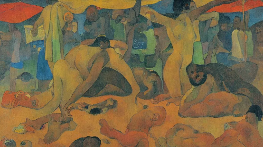 Image similar to chilled study lo fi hiphop, in style of paul gauguin, 4 k, high resolution details,