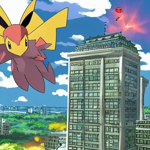 Prompt: huge pokemon attacking a city. skycrapper.