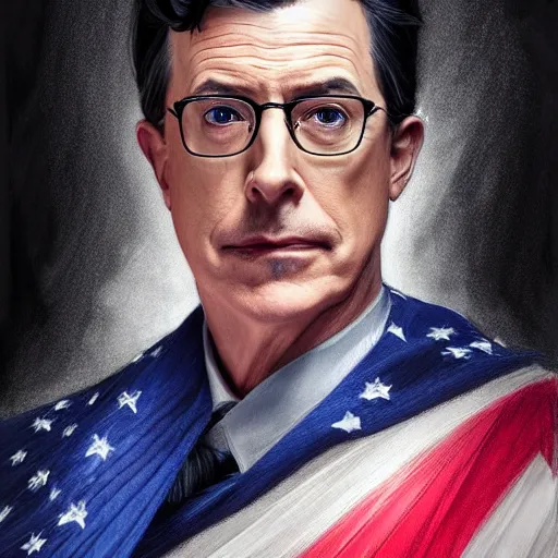 Prompt: a portrait of stephen colbert dressed in an american flag cape, stoic, fantasy, intricate, elegant, beautiful, highly detailed, charcoal, centered, dark, smokey, digital painting, artstation, concept art, smooth, sharp focus, illustration, art by artgerm and greg rutkowski and alphonse mucha