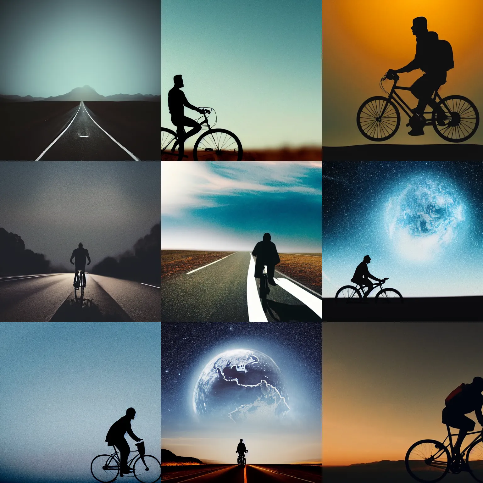 Prompt: high detail photo of a silhouette of a man riding a bicycle on a long road, behind him a giant blue planet, cinematic, atmospheric, spooky, hazy, 8k, tranquil, desolate