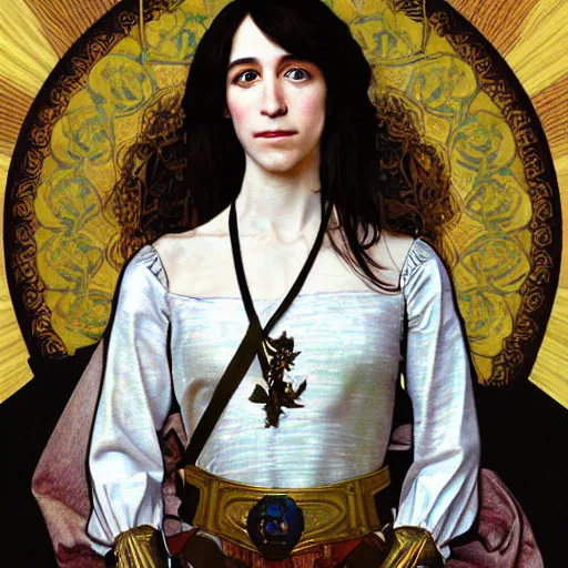 Image similar to portrait of charlotte gainsbourg as joan of arc, hyperreal digital painting, iconography influenced by alphonse mucha and eugene delacroix, arstation and deviantart trends, high resolution 8 k