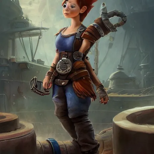 Image similar to full body portrait of a scrappy female gnome engineer with pixie undercut hair, one of her arms is a prosthetic metal thunder gauntlet, standing on a ship deck, naval background, fantasy, D&D, highly detailed, digital painting, HD, trending on ArtStation, dark fantasy, great composition, concept art, matte, sharp focus, illustration, by Greg Rutkowski