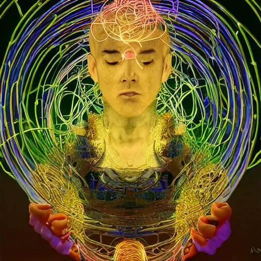 Prompt: monk meditating in a neon lit ying yang, cyber punk forest, interconnected woven circuitry and cables, ornate details, stefan gesel, yoshitaka amano, alphonse mucha