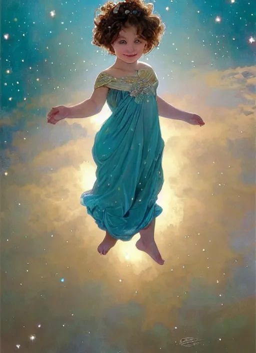 Prompt: a cute little girl with a round cherubic face, blue eyes, and short curly light brown hair smiles as she floats in space with stars all around her. She is wearing a turquoise dress. Beautiful painting by Artgerm and Greg Rutkowski and Alphonse Mucha