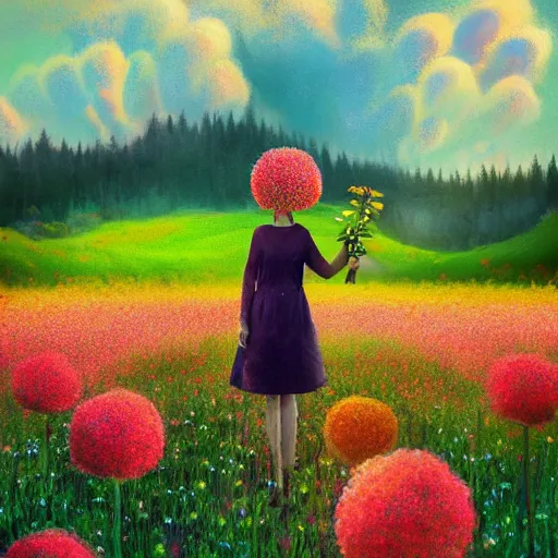 Prompt: girl with a scaled up flower instead of face, surreal photography, dream, standing in flower field, hills, big trees, sunrise dramatic light, impressionist painting, colorful clouds, digital painting, pointillism, artstation, simon stalenhag, flower face