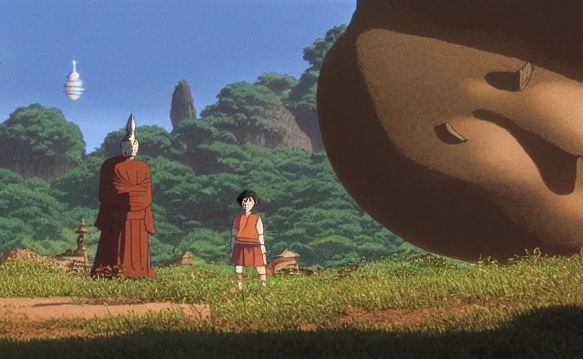 Image similar to movie still from studio ghibli movie showing a highly detailed landscape with a giant buddha walking through a valley. a ufo is in the sky. 1 9 8 0's science fiction, 1 9 7 0's science fiction, misty, depth perception, 4 k