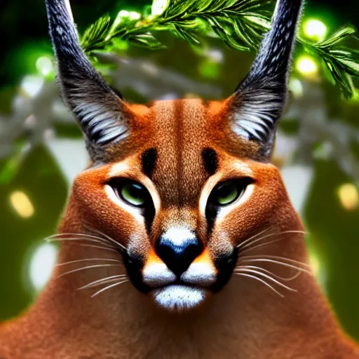 Prompt: caracal, laurel wreath on his head, in laurel wreath, dressed in laurel wreath, has a laurel wreath, fullbody photo, cinematic, high detail, cinematography, vfx, 8 k