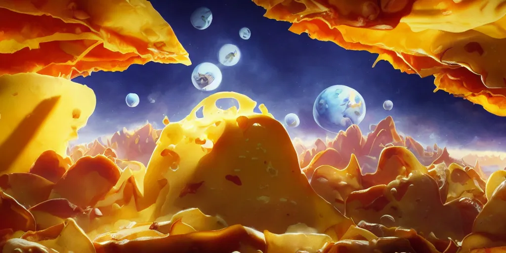 Prompt: cheese planet made of cheese interior, melted cheese waterfalls, living nachos flying though the sky, Greg Rutkowski, 3d scene, trending on Artstation, 8K, ultra wide angle, pincushion lens effect, zenith view.