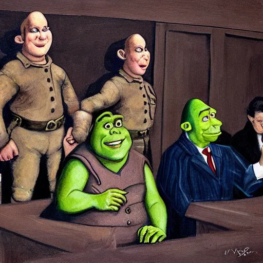 Image similar to shrek at nuremberg trials. court painting