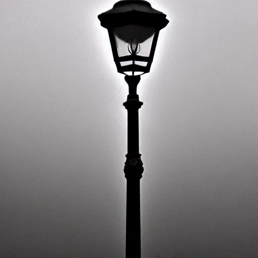 Image similar to a victorian street lamp in a foggy field at dusk, indigo sky