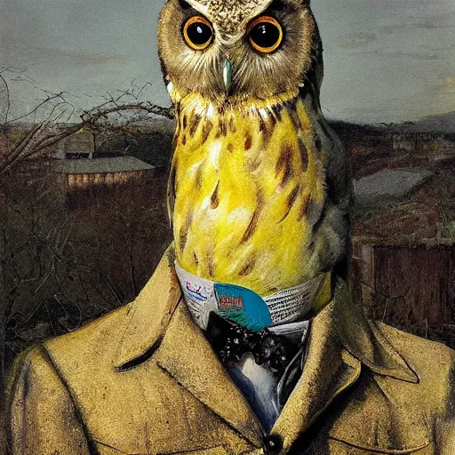 Image similar to shredded physique feathered tall neck beak Portrait of Henry James camouflaged as Owl whilst wearing a yellow tuxedo Standing atop a Garbage Truck Greg Rutkowski Vik Muniz clarence holbrook carter Andrew Wyeth Dan Witz