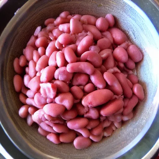 Image similar to raw meat chunks raw beans, mold, android cell phone photo,