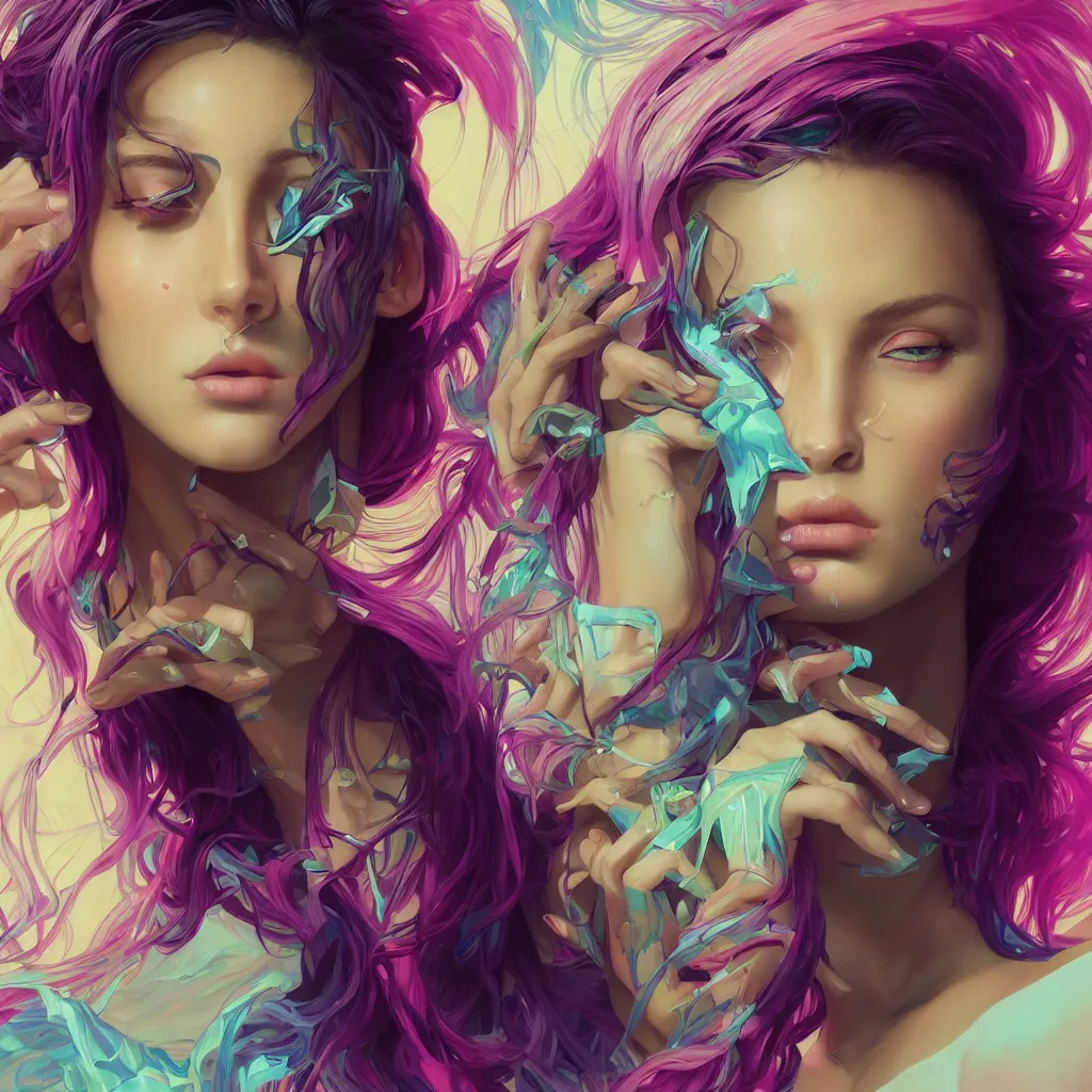 Image similar to young woman, gorgeous face, vaporwave aesthetic, synthwave, colorful, psychedelic, broken, shattered, beaten, sadness, crying, tears, artstation, concept art, smooth, extremely sharp detail, finely tuned detail, 8 k, unreal engine 5, ultra sharp focus, illustration, art by artgerm and greg rutkowski and alphonse mucha