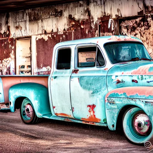 Image similar to Abandoned gas station on route 66, bird nest inside hood of white rusty vintage Ford pickup truck with flat tires, Nikon camera photo, style of 1970
