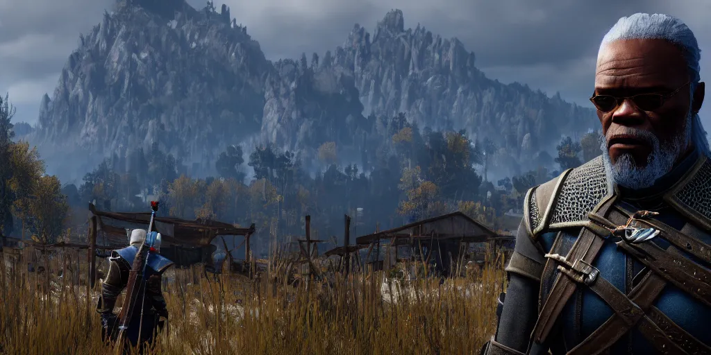 Prompt: Samuel L Jackson in The Witcher 3, gameplay, 8k, HD