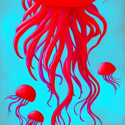 Image similar to fantasy red jellyfish swiming in blue waters, artstation, beautiful, colorful