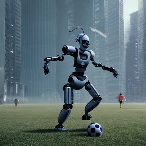 Prompt: a cyberpunk robot playing soccer in a real soccer terrain, national geographic photography, 3 d, make it look like it was made by dall - e 2