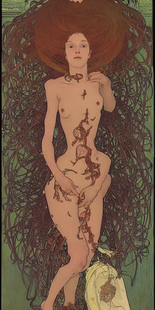 Prompt: a woman splits open and hundreds of centipedes crawl from her wounds, 8 k, ultra realistic, moebius alphonse mucha, junji ito,