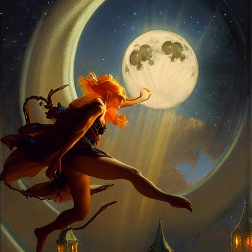 Image similar to attractive witch magically flying trough the night, fantasy, full moon in background. highly detailed painting by gaston bussiere, craig mullins, j. c. leyendecker 8 k