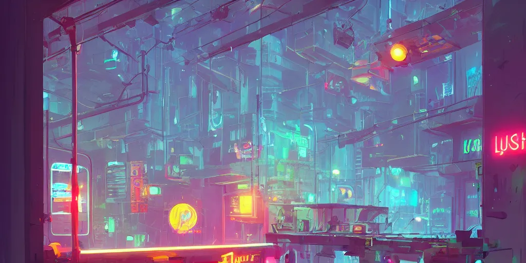 Prompt: one lush windowsill with plants inside of it, looking out to a cyberpunk rainy street with neon signs, interior of room frame, detailed digital concept art by anton fadeev and marc simonetti, trending on artstation