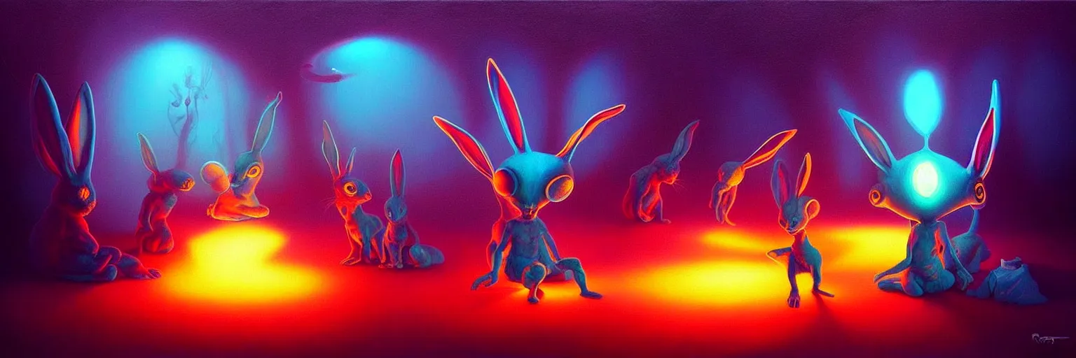 Image similar to strange alien bunny creatures from the depths of the collective unconscious, dramatic lighting, surreal darkly colorful painting by ronny khalil