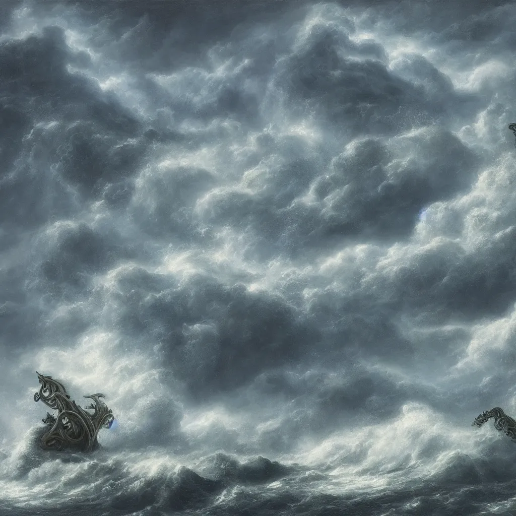 Image similar to a fantasy book landscape with a giant dark kraken. stormy sea with a small boat, giant waves, lightning in the background, oil painting, 4 k