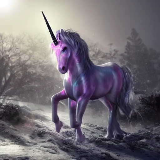 Prompt: a iridescent unicorn is bleeding in the snow, trail of blood follows behind it, toxic smog in the sky, ultra realistic, concept art, intricate details, highly detailed, photorealistic, octane render, 8 k, style of mary jackson