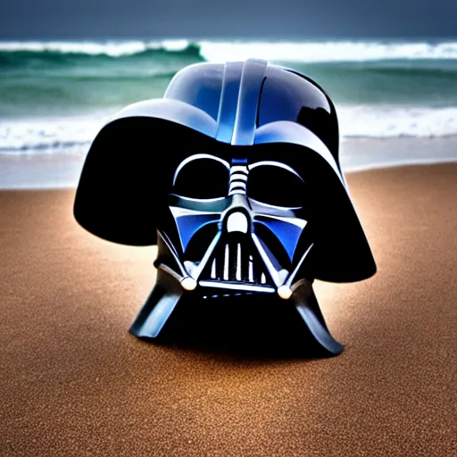 Prompt: darth vader mask laying on an abandoned beach, crabs crawling around, raining, somber