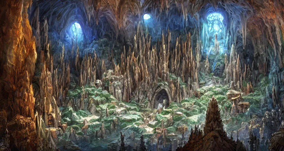 Image similar to Masterfully painted mspaint art piece of underground middle-earth's 'Mines of Moria' painted by Makoto Shinkai and Studio Ghibli. Closeup zoomed view of the architecture within the caverns. View from underground within ancient dwarven mining equipment and architecture. Amazing beautiful incredible wow awe-inspiring fantastic masterpiece gorgeous fascinating glorious great.