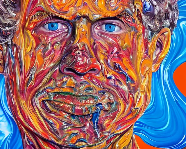 Image similar to still shot close up footage of the portrait of a human head explodes and disintegrates into acrylic pour and splashing paint, motion blur, hyperrealistic, medical, intricate art photography, anatomically correct, realistic crisp textures, 1 6 k