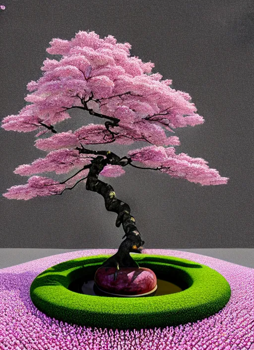 Image similar to hyper detailed 3d render like an Oil painting isometric perspective, octane render of a bonsai cherry blossom tree in a zen garden in the shape of a perfectly symetrical mandala finely detailed, hd, 8k minimalism, edge to edge, solid color background octane render, 8k