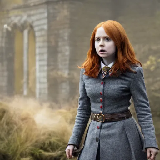 Prompt: A still of Karen Gillian starring as Hermione Granger in her Gryffindor uniform