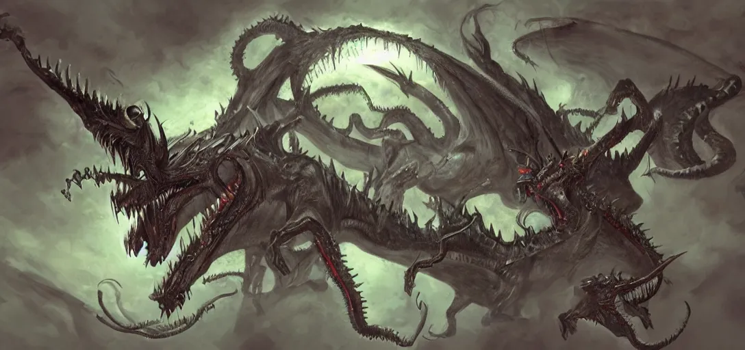 Image similar to concept art of dragon attack, lovecraftian, lots of teeth, melting horror, feathers, fighting the horrors of the unknown with laser guns