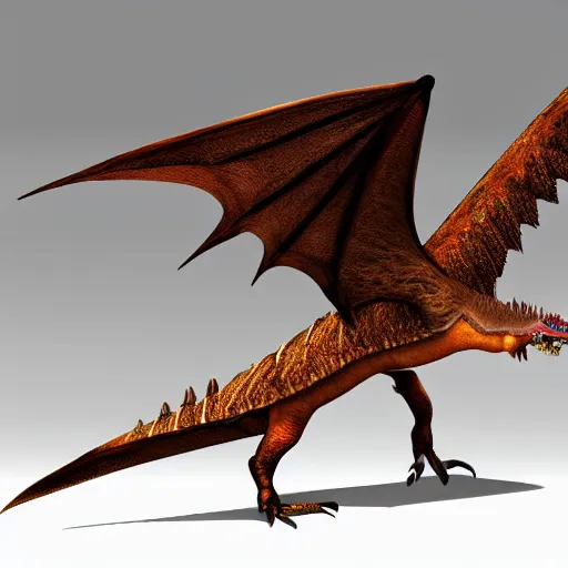 Prompt: medium sized brown feathered wyvern that stands on 2 legs with razor sharp teeth and sharp claws, extremely detailed, 4 k, photorealistic, artstation