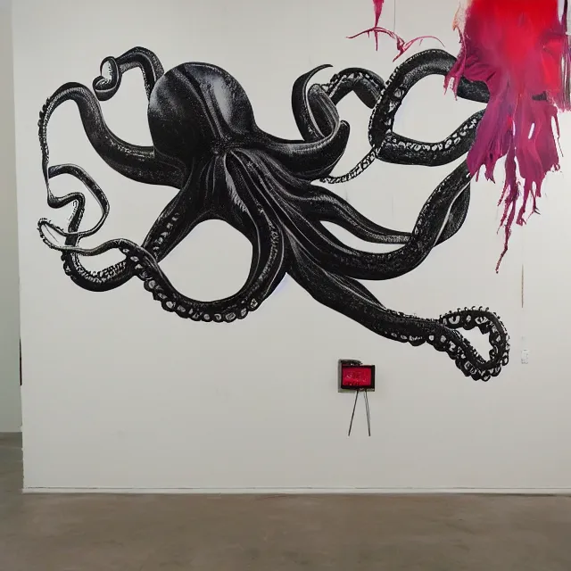 Image similar to empty room with black walls, a portrait of a female pathologist, octopus, mural, wilted flowers, squashed berries, neo - expressionism, surrealism, acrylic and spray paint and oilstick on canvas