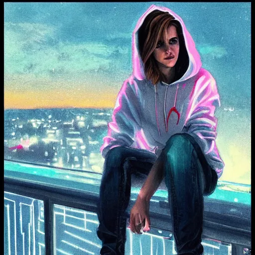 Image similar to emma watson in jeans and hoodie sitting on the balcony of a hotel at night, top view, neon and rainy theme atmosphere by Jerome Opeña, featured on artstation