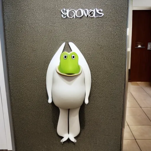 Image similar to a small frog standing on two feet at the hotel reception entry, in style of tove jansson ( the moomins )