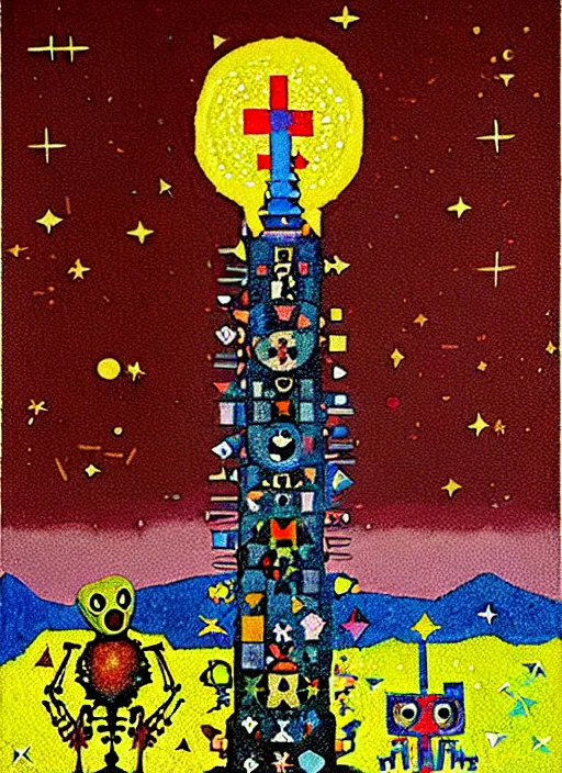 Image similar to pixel decollage painting tarot lovers card composition tower of babel road red armor maggot bear and wonky alien frog skeleton knight on a horse in a dark red cloudy night sky with golden foil jewish stars and diamonds, mountain lake and blossoming field in background, painted by Mark Rothko, Helen Frankenthaler, Danny Fox and Hilma af Klint, pixelated, neo expressionism, semi naive, pastel colors, cinematic, color field painting, cave painting, voxel, pop art look, outsider art, minimalistic. Bill Traylor painting, part by Philip Guston, Amano and Francis Bacon. art by Adrian Ghenie and Storm Thorgerson, very coherent symmetrical artwork, cinematic, hyper realism, high detail, octane render, unreal engine, Smooth gradients, depth of field, full body character drawing, extremely detailed, 8k, extreme detail, intricate detail, masterpiece