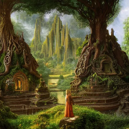 Image similar to a beautiful and highly detailed matte painting of an elven temple in a magical fantasy garden in a lush forest in the mystical mountains, celtic knots, carved runes, intricate details, epic scale, insanely complex, 8 k, sharp focus, hyperrealism, very realistic, by caspar friedrich, albert bierstadt, james gurney, brian froud,