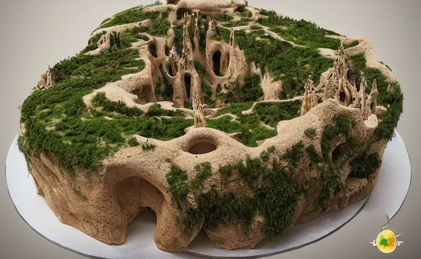 Image similar to an awesome cake designed in heavenly city with lush walkways, beautiful bioarchitecture design by kedem pitsou, m. c. escher, gaudi sagrada familia, and bisti badlands, emerald gold and beksinski, highly detailed, bokeh, beautiful, artstation