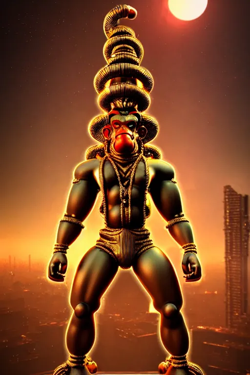 Prompt: high quality 3 d render cyborg gold hanuman! with nose piercings, cyberpunk highly detailed, mumbai in the background, unreal engine cinematic smooth, in the style of blade runner & solaris, hannah yata charlie immer, moody light, low angle, uhd 8 k, sharp focus