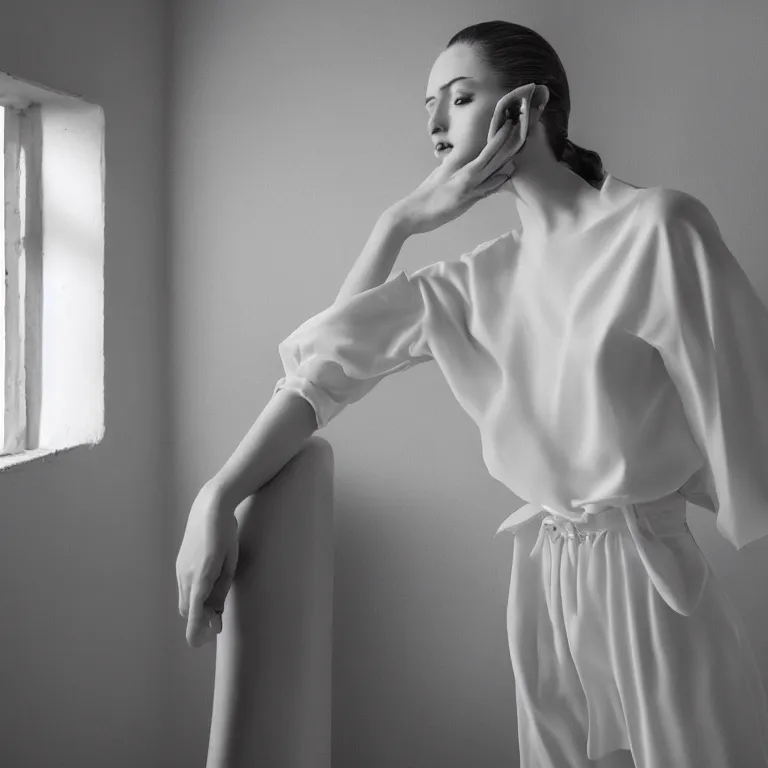 Prompt: hitch dreise blouse in a white room, beautiful face, pale skin, rule of thirds, cinematic lighting, rainy weather, melancholy atmosphere, sharp focus, backlit, stunning, model agency, smooth, hard focus, full body shot, instagram photo, shot on iphone 1 3 pro max, hyper realistic,