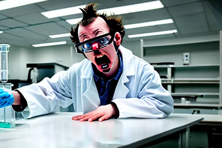 Image similar to a slobbish, mad scientist, working in a lab