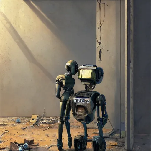 Prompt: a realistic painting of a humanoid robot ( chappie ) painting on a canvas in an abandoned building. by jordan grimmer tyler eldin ralph mcquarrie simon stalenhag. digital art, artstation, octane, uhd hdr