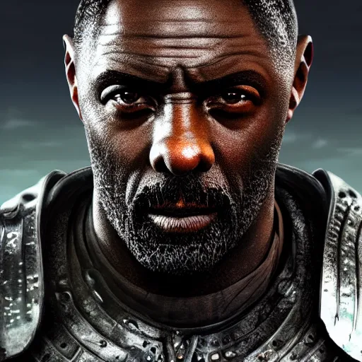 Image similar to idris elba portrait, dystopia core, apocalyptic, armor, warrior, dramatic, sharp focus, fiction, neon, fantasy, hyper detailed, digital art, trending in artstation, cinematic lighting, studio quality, smooth render, unreal engine 5 rendered, octane rendered, art style and nixeu and wlop and krenz cushart