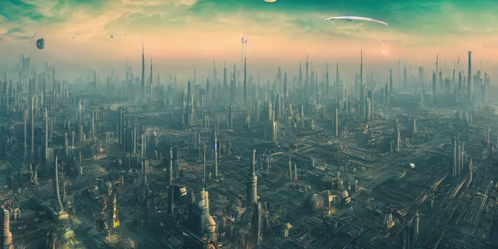 Image similar to big futuristic city like coruscant, with a green sunset smog sky, cinematic lighting, power plants with smoke, factories, tall metal towers, flying metal orbs, flying vehicles, a big moon in the sky, one blimp in the distance, a cloudy sky, mud mountains in background, hd 4k photo