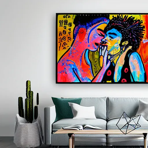 Image similar to acrylic painting of two bizarre psychedelic women kissing in japan in spring, speculative evolution, mixed media collage by basquiat and jackson pollock, maximalist magazine collage art, sapphic art, psychedelic illustration